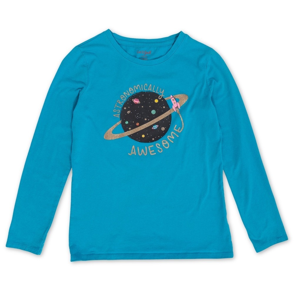 Cat & Jack Long Sleeve T-Shirt Girls Large Turquoise Tee Space Planet Rocket Top